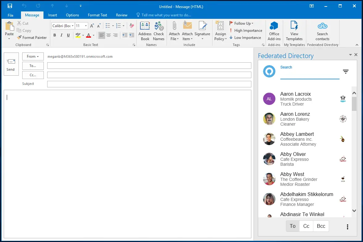 Federated Directory Outlook add-in showing partner contacts